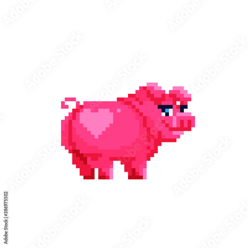 Beautiful pig in a funny pose. Cute farm animal. Vector image in the style of pixel art.