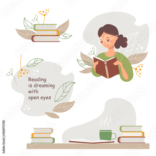 Set of vector pictures on a book theme. Nice young woman in glasses reading a book. Plant background with a text. A books with a cup on the table.