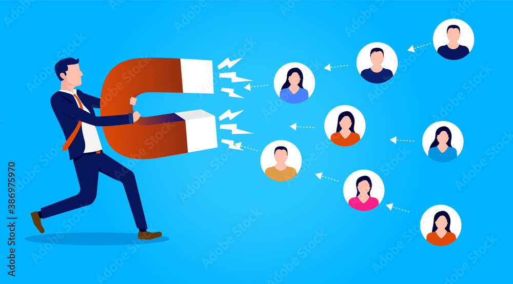 Attracting users and customers - Man with big magnet getting new clients and users for business. Vector illustration. - obrazy, fototapety, plakaty 