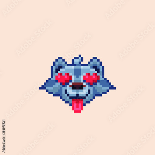 Loving wolf with eyes-hearts. The mood of love and joy. Funny emoticon-animal. Vector image in pixel art style.