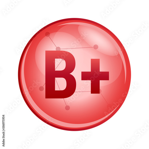 Vector red icon of blood group or blood type B+. Red donation cell isolated on a white background. Transfusion hematology icon. B+ positive, where the blood contains type-B antigens.