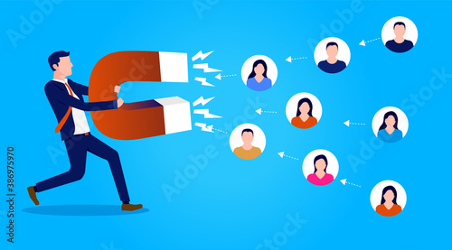 Attracting users and customers - Man with big magnet getting new clients and users for business. Vector illustration.