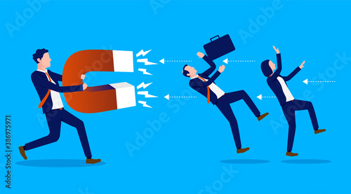 Business recruitment - Businessman recruiting new people with a large magnet. Vector illustration. 