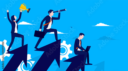 Successful business startup - Team of businesspeople standing on upward pointing arrows. Working for success concept. Vector illustration.
