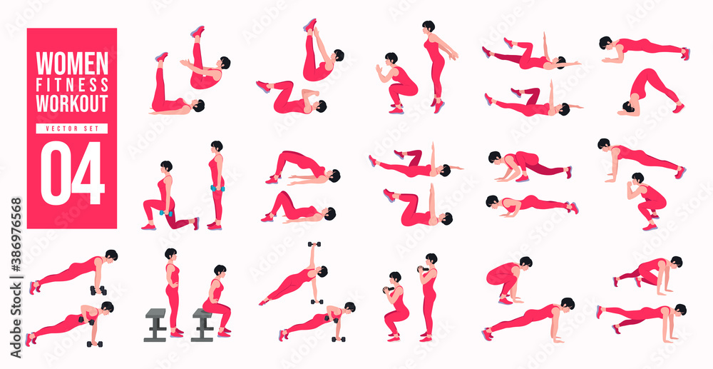 Women Workout Set. women exercise vector set. Women doing fitness and yoga exercises. Lunges, Pushups, Squats, Dumbbell rows, Burpees, Side planks, Glute bridge, Leg Raise, Russian Twist .etc