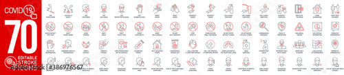 Prevention and symptoms Coronavirus Covid19 line icons set isolated on white. Perfect outline health medicine symbols pandemic banner. Vector design elements covid virus treatment with editable Stroke