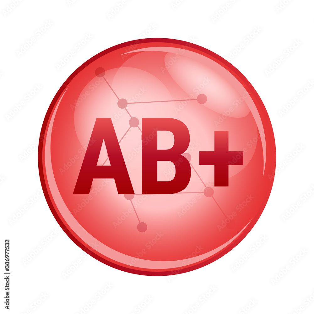 Vector red icon of blood group or blood type AB+. Red donation cell isolated on a white