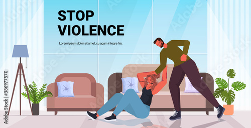 angry husband punching and hitting wife stop domestic violence aggression concept horizontal copy space full length vector illustration