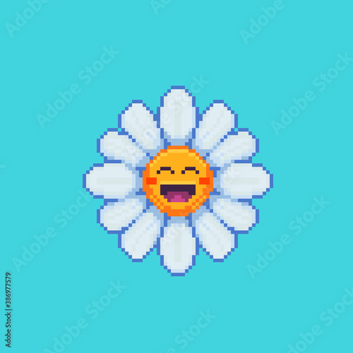 Fun and positive camomile. Vector illustration in pixel art style.
