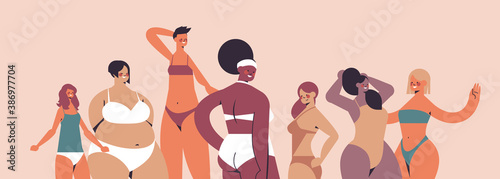 mix race women of different height figure type and size standing together love your body concept girls in swimsuits portrait horizontal vector illustration