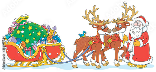 The night before Christmas, Santa Claus with a big bag of Christmas presents in his sleigh with reindeers beginning a magic journey around the world, vector cartoon illustration on a white background