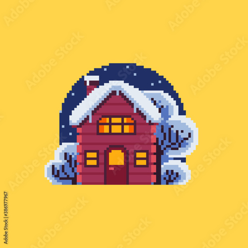 Cozy snowy house on a winter evening. Vector illustration in pixel art style.