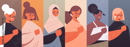 set mix race girls avatars women's club union of feminists concept portraits collection horizontal vector illustration