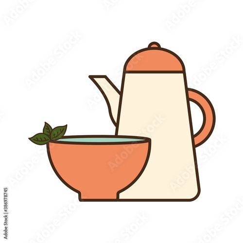 tea cup with leaves and kettle line and fill style icon vector design