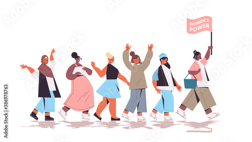 mix race girls activists stand together female empowerment movement women's community union of feminists concept horizontal full length vector illustration