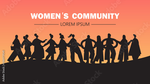 girls silhouettes standing together female empowerment movement women's community union of feminists concept horizontal full length vector illustration