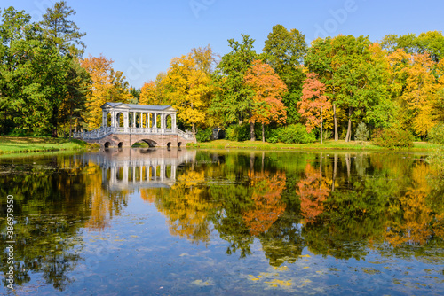 Sightseeing of Saint Petersburg. Marble bridge and Catherine Park, beautiful autumn landscape, Pushkin (Tsarskoe Selo), Russia