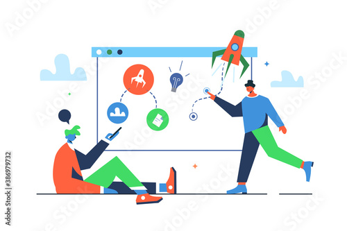 Two working guys start startup on virtual big screen, flying rocket isolated on white background, flat vector illustration