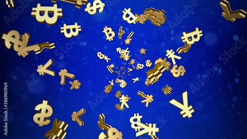 Shiny Golden currency Signs Falling Down in Slow Motion 3D loop Blue Animation 4K Loop Motion Background. money, stock, digital currency, Bitcoin, blockchain, Stock Market, finance business photo