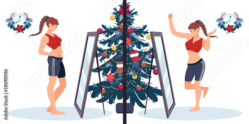 Lose weight by Christmas. Concept to succeed in sport in new year. Motivational Poster. Girl looks in the mirror before and after weight loss.