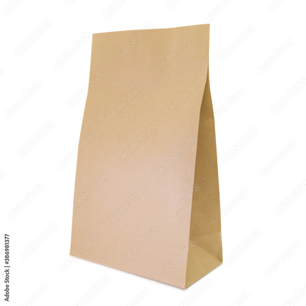 Profile view of blank brown craft paper bag packaging mockup with copy space and isolated on white background