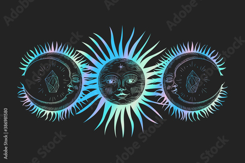 Vector illustration set of moon phases. New style, holographic background, trend shimmer. Different stages of moonlight activity in vintage engraving style.