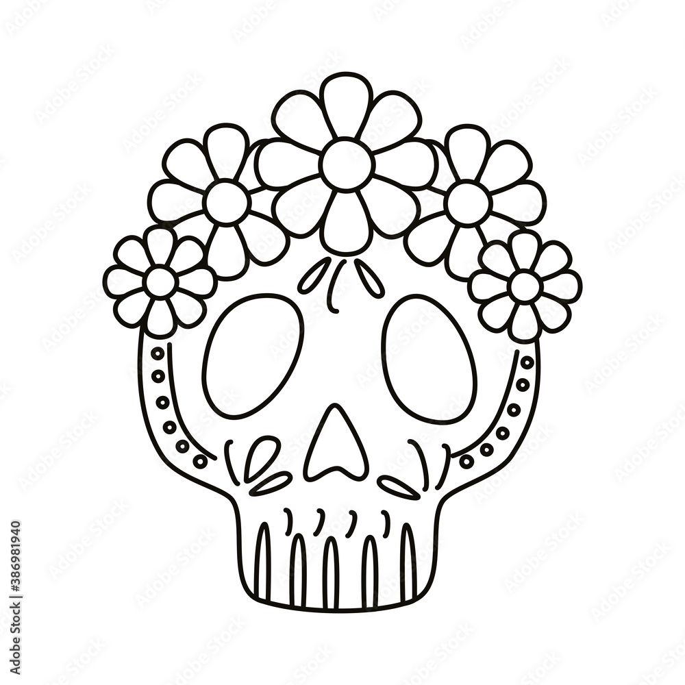 traditional mexican skull head with flowers line style icon traditional mexican skull head with flowers line style icon