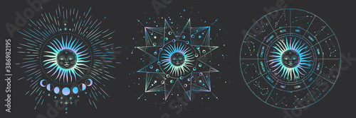 Vector illustration set of moon phases. New style, holographic background, trend shimmer. Different stages of moonlight activity in vintage engraving style.