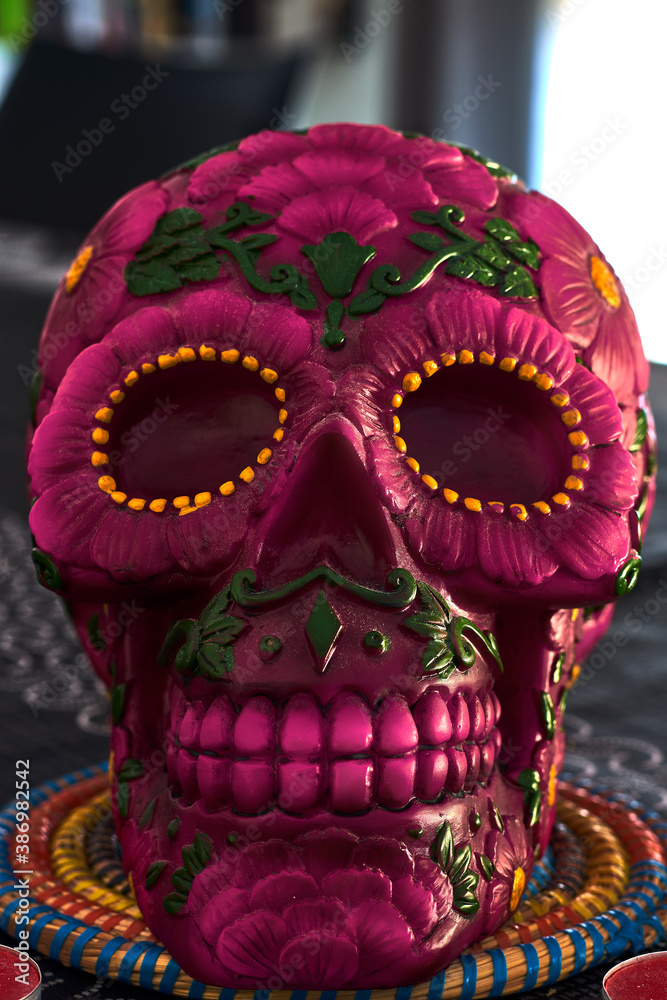 Mexican pink day of the dead skull with pink and green daisies and pink teeth Mexican pink day of the dead skull with pink and green daisies and pink teeth