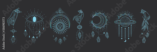 Vector illustration set of moon phases. New style, holographic background, trend shimmer. Different stages of moonlight activity in vintage engraving style.