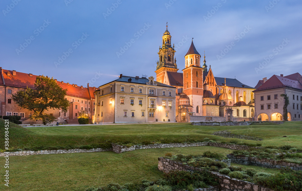 Picturesque Wawel castle and Wawel cathedral in the blue hour, Krakow, Poland