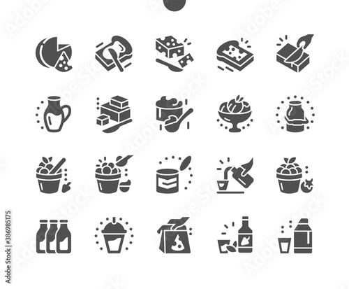 Various types of dairy products milk  cheese  cottage cheese  eggs  yogurt  sour cream and butter. Menu for restaurant and cafe. Vector Solid Icons. Simple Pictogram