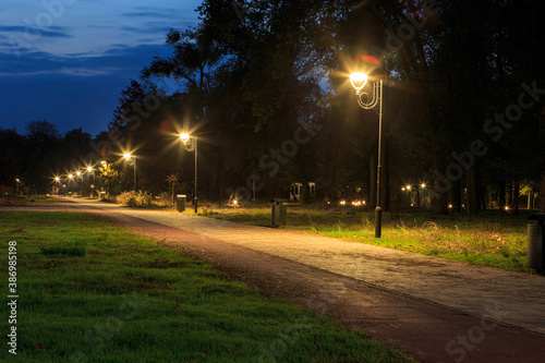 Lanterns in the park along the alley at night or at night