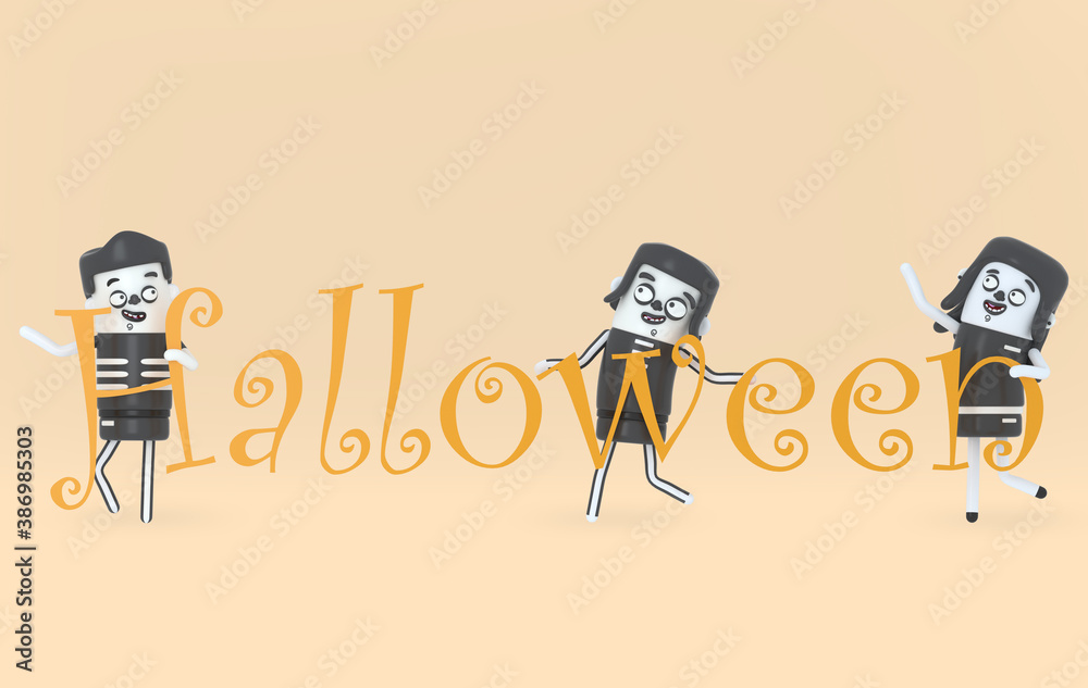 Young people in costumes holding trick on treat letters. Halloween. 3d illustration.