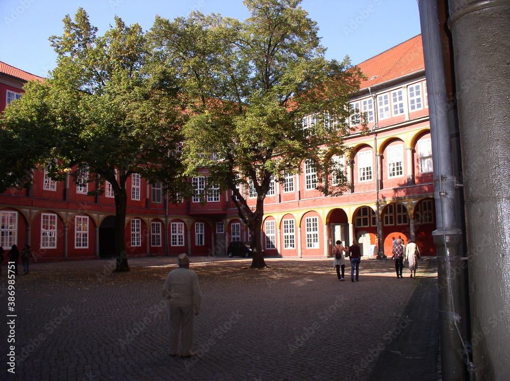 Obraz premium Old man standing before big trees in a beautiful patio in Braunschweig (Germany)
