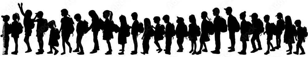Silhouettes of a children with a backpack .