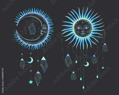 Vector illustration set of moon phases. New style, holographic background, trend shimmer. Different stages of moonlight activity in vintage engraving style.