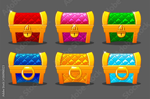 A set of brightly colored gold soft chests for the game.
