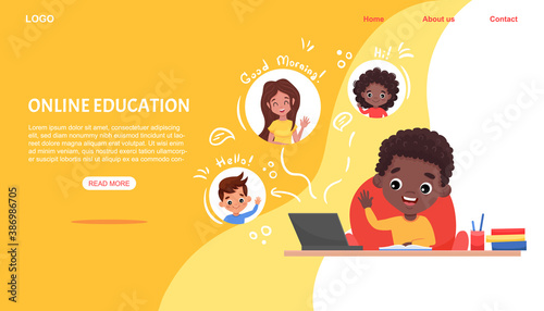 Digital Classroom Online Education website template, background. Afro-american black kid sits at table and looks at teacher and classmates on screen. Vector flat cartoon illustration