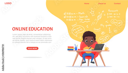 Online education website template. E-learning concept banner. Afro-american black boy sits at table and studies online with laptop. Vector flat cartoon illustration with hand-drawn doodle elements