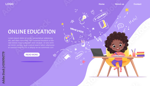 Online education website template. E-learning concept banner. Afro-american black girl sits at table and studies online with laptop. Vector flat cartoon illustration with hand-drawn doodle elements