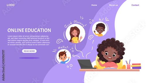 Online Classroom Learning or education. E-learning and social distance concept. Afro-american black girl sits at table and looks at teacher and classmates on screen. Vector flat cartoon illustration
