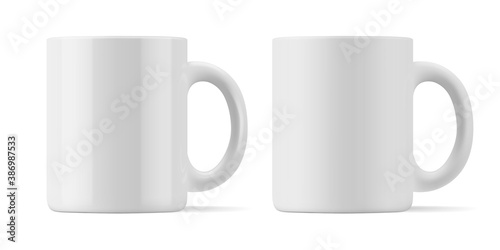 Vector realistic mockup of matte and glossy mug for drinks front view. White blank isolated cup. EPS 10