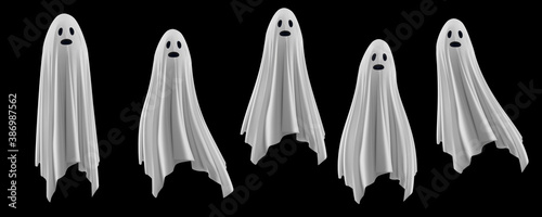 Ghost on a black background. An evil spirit with a covered sheet. Scary face Vector EPS 10 