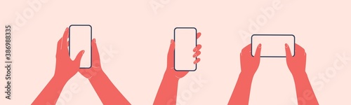Human hands hold horizontally mobile phone with blank screen. Females arm is touching smartphone display with thumb finger. Flat colorful cartoon vector illustration.