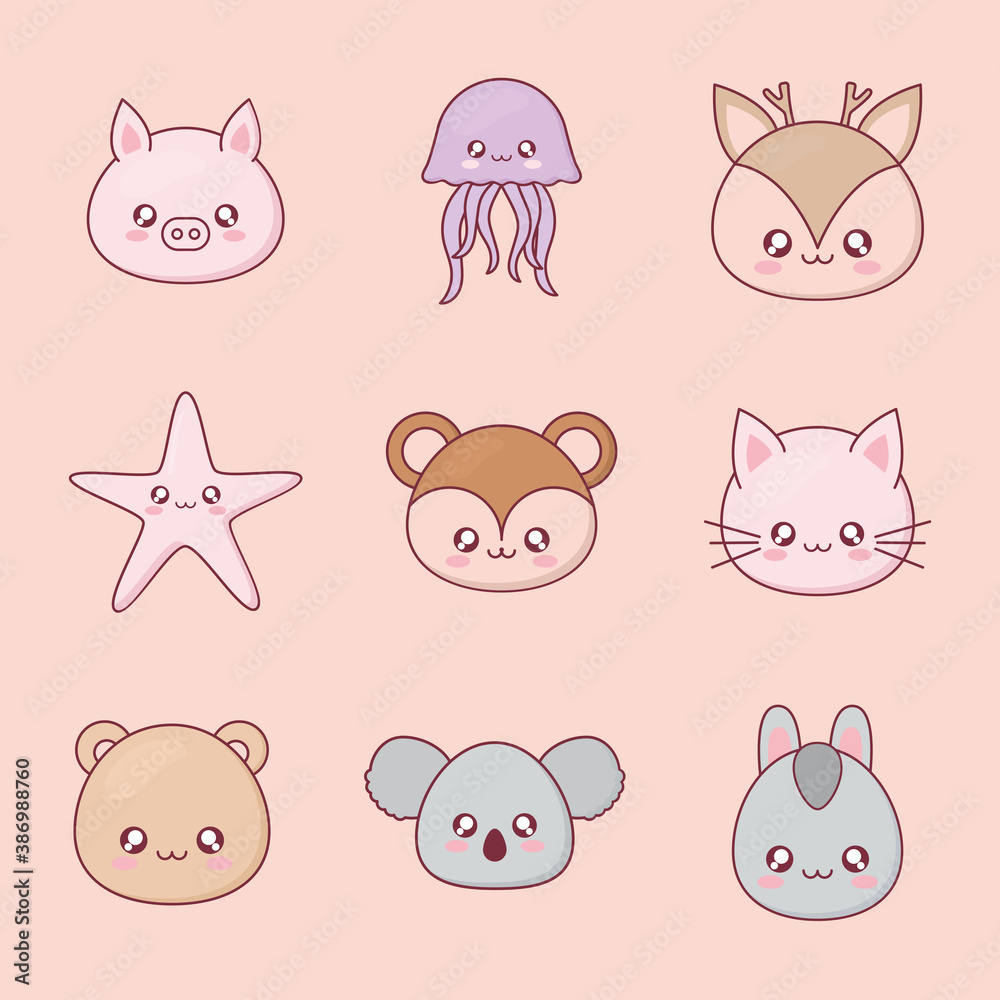 Kawaii animal cartoon set icons vector design