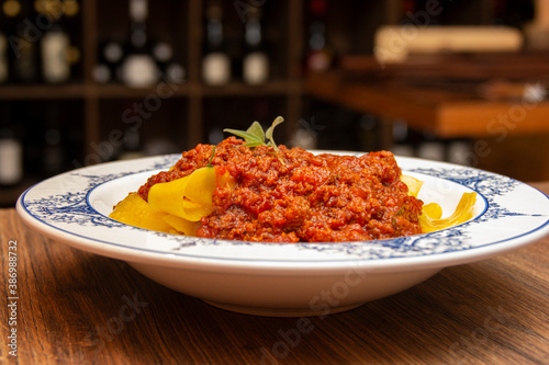 Pappardelle Pasta with meat rag. Typical dish of Tuscany.