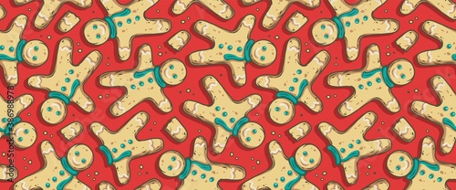Colored seamless pattern wallpaper with christmas gingerbread man for the new year holiday. Winter illustration for december party design