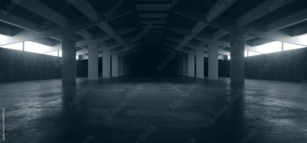Spaceship Sci Fi Concrete Rough Cement Garage Tunnel Corridor Warehouse Showroom Underground Futuristic Modern Background 3D Rendering