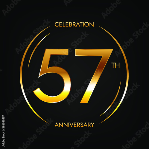 57th anniversary. Fifty-seven years birthday celebration banner in bright golden color. Circular logo with elegant number design. photo